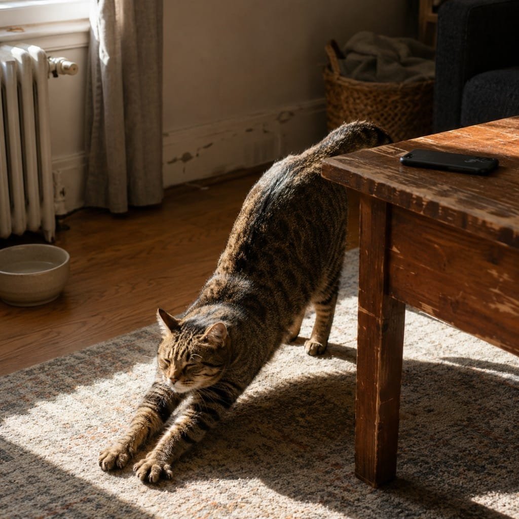 A cat stretching in afternoon sunlight in a living room watched by a pet camera