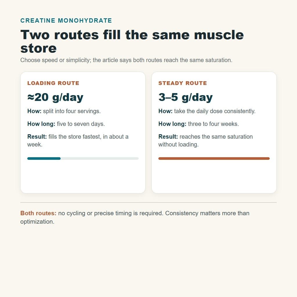 creatine monohydrate loading and steady daily dosing routes to muscle saturation