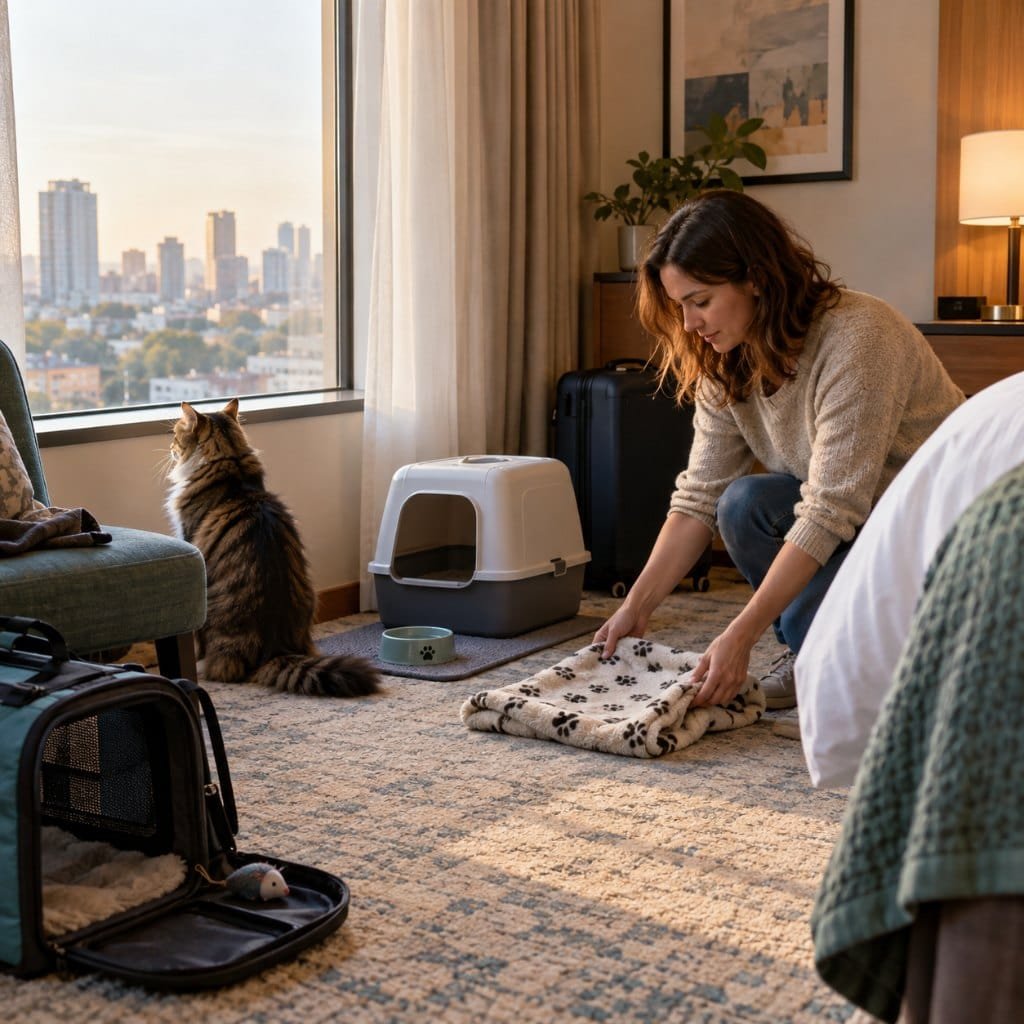 pet friendly hotels cat room setup with familiar bedding bowls and litter tray