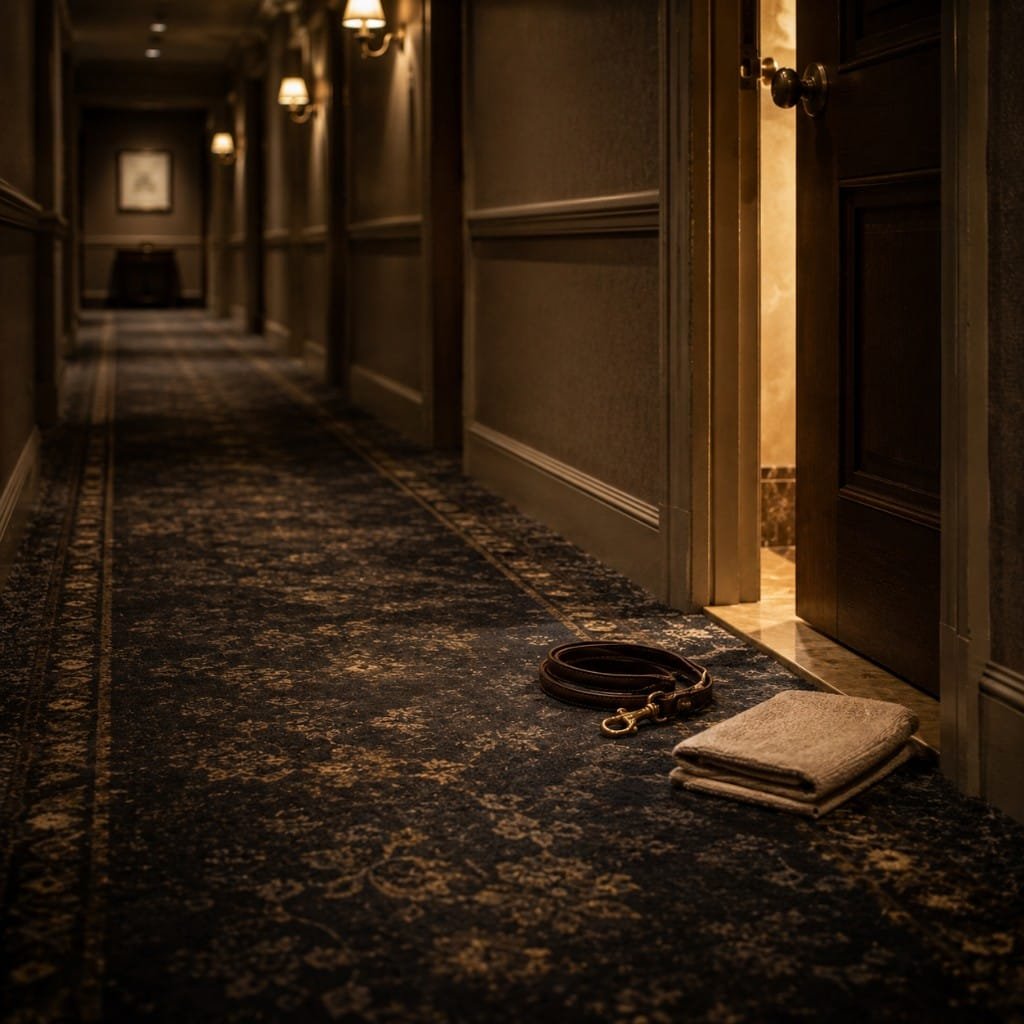 A hotel corridor with a dog lead outside a room door in pet friendly hotels