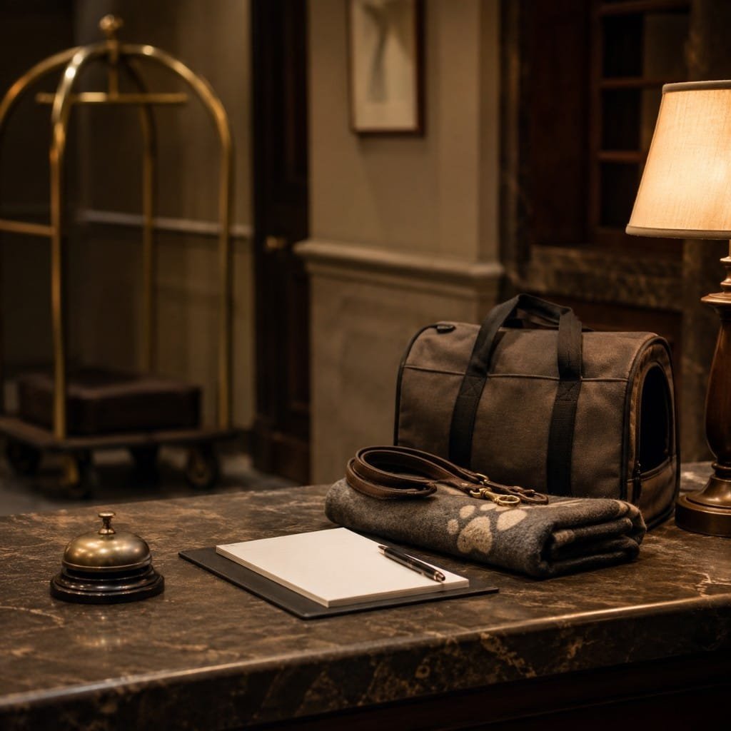 A hotel reception counter with a dog lead, travel blanket and carrier bag