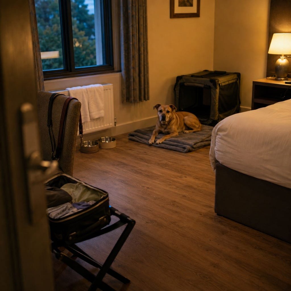 A dog settled on its own bedding in a hotel room with bowls and an open crate