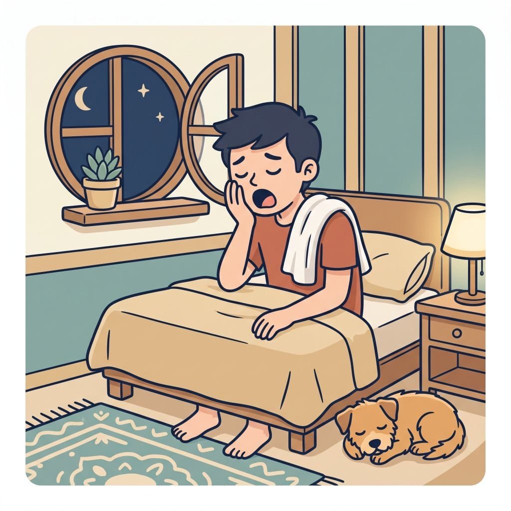 Cartoon illustration of an evening skincare routine with a niacinamide serum