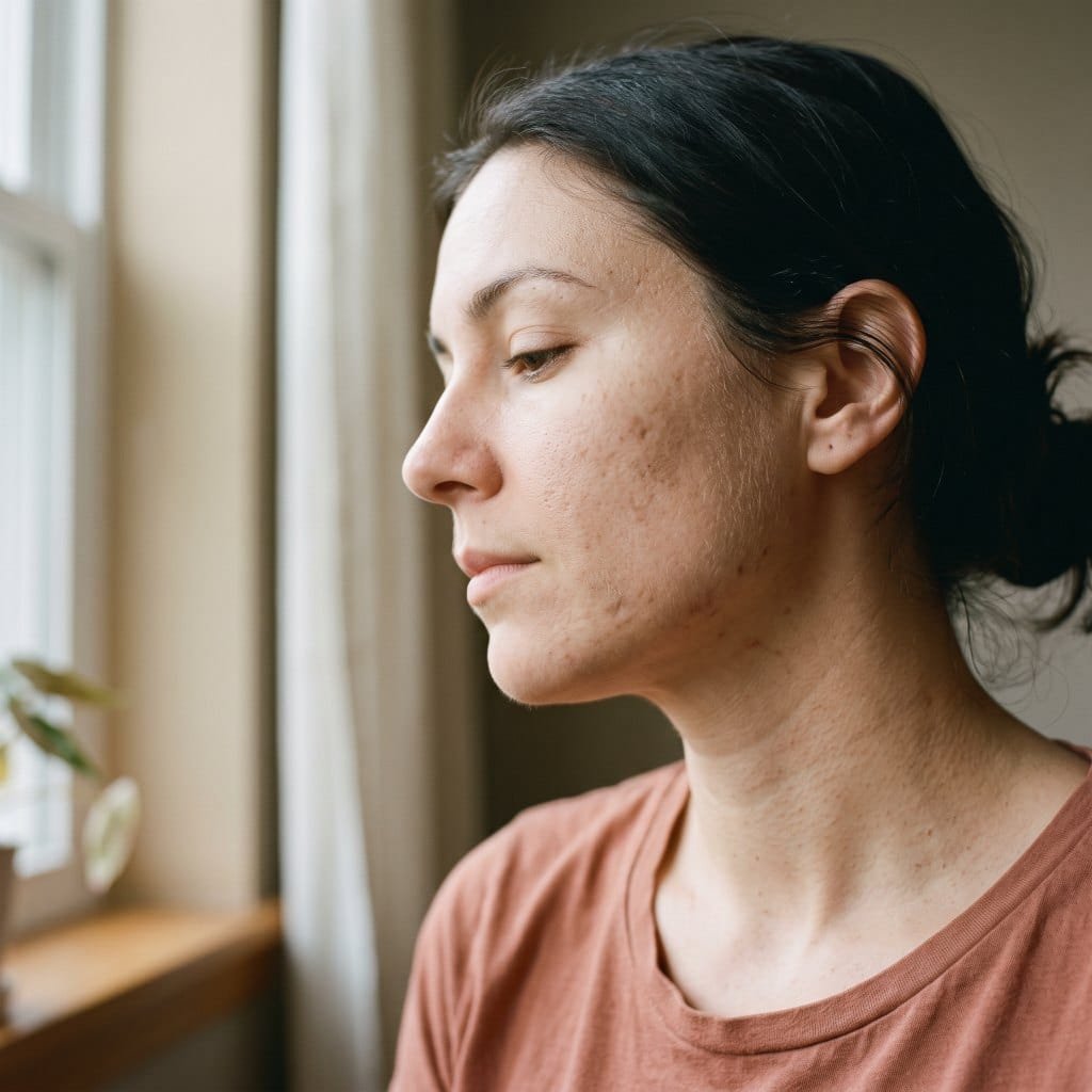 Bare skin with visible texture and faded marks, the change a niacinamide serum works on slowly