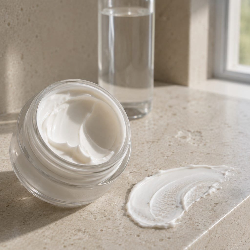 An open jar of unlabelled cream with a swipe taken from the surface