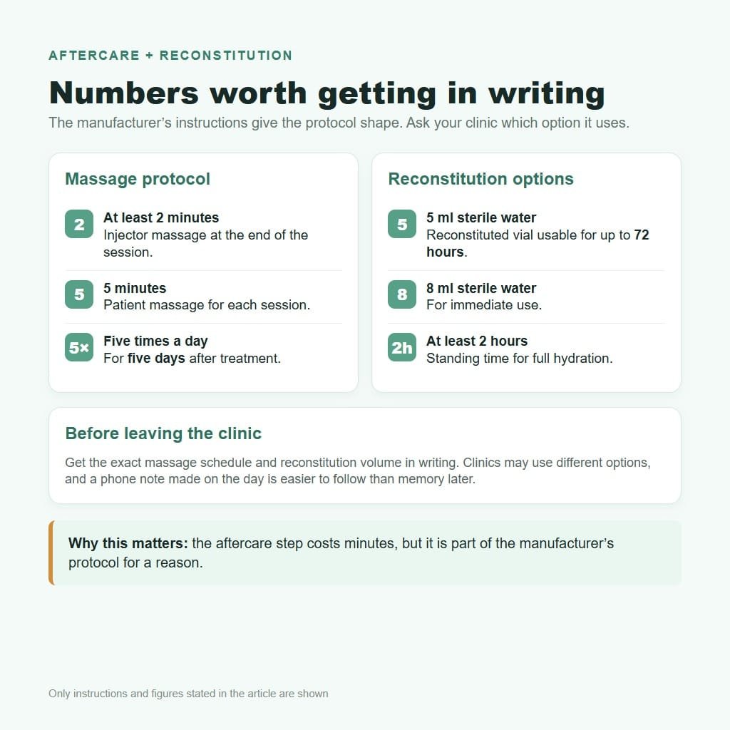 Sculptra collagen stimulator aftercare massage and reconstitution numbers to get in writing