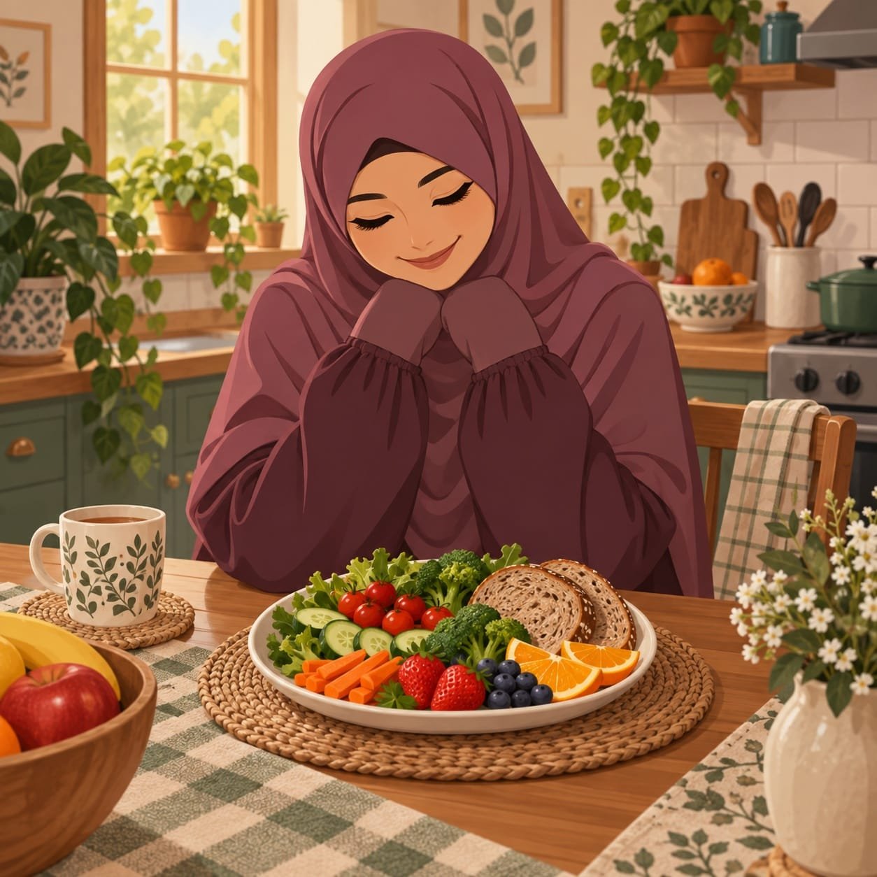 أم تتناول وجبة صحية متكاملة من الفواكه والخضروات لدعم التعافي بعد الولادة