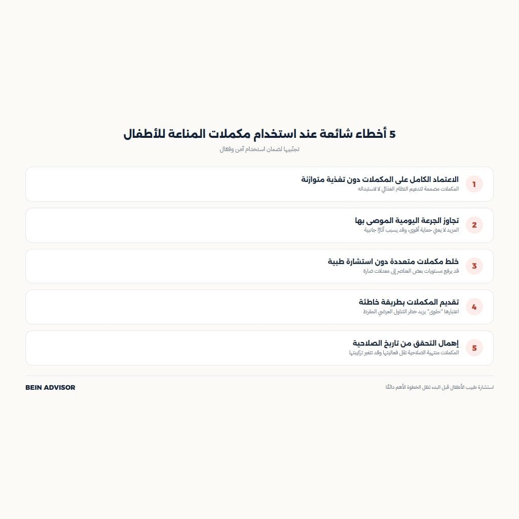 إنفوجرافيك بخمسة أخطاء شائعة يجب تجنبها عند استخدام فيتامينات تقوية المناعة للأطفال