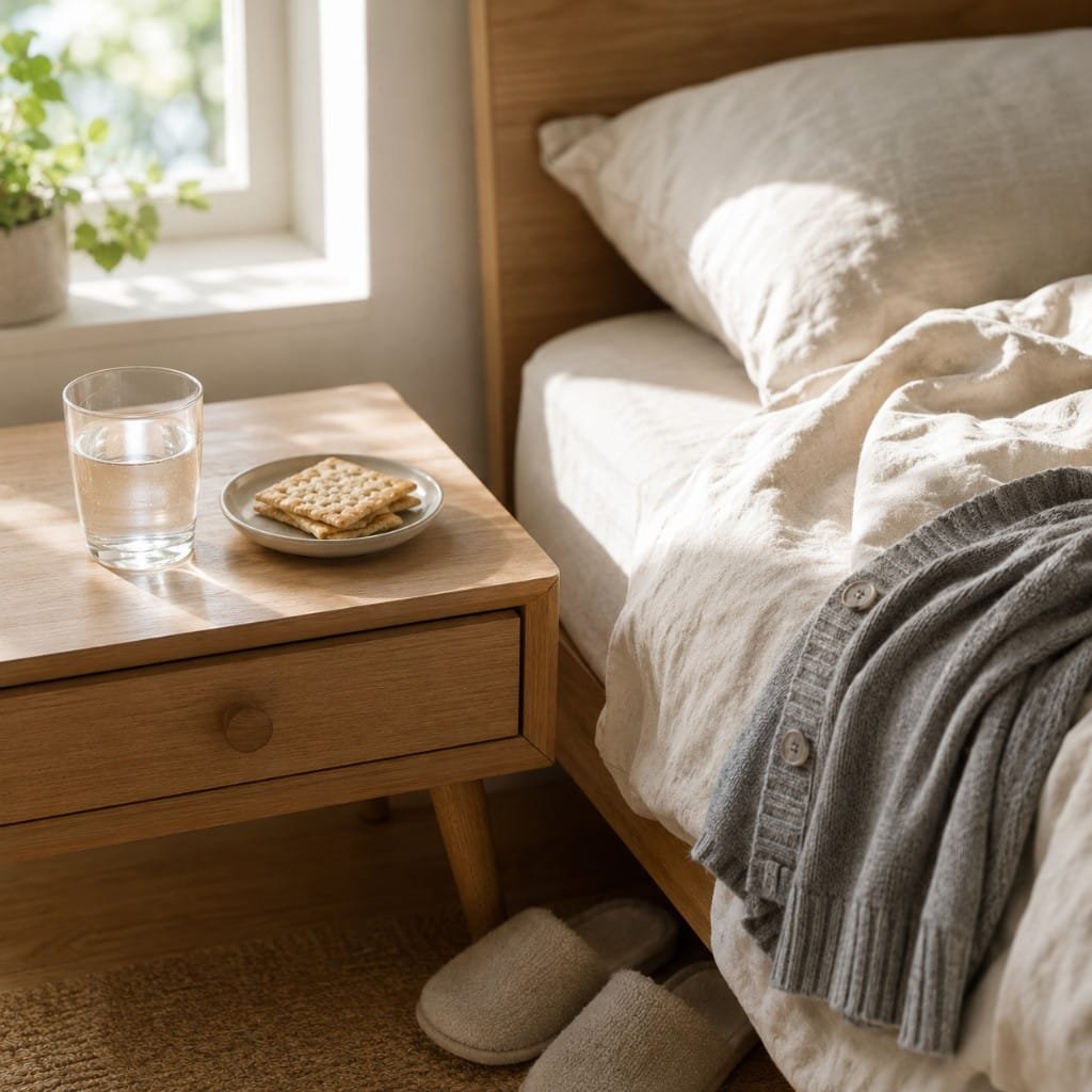 A bedside table with water and crackers beside an unmade bed during early pregnancy fatigue