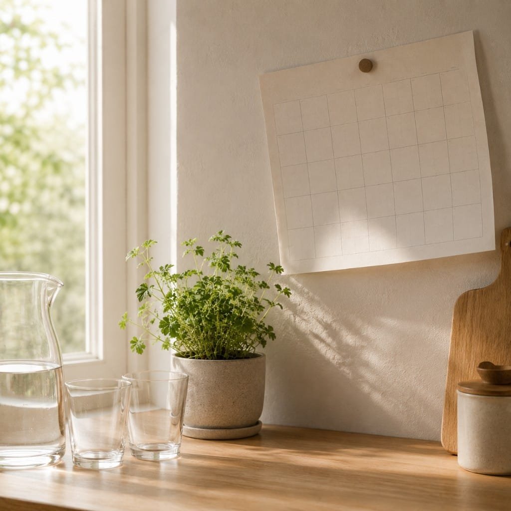 A kitchen counter with a water jug, glasses and a blank wall calendar
