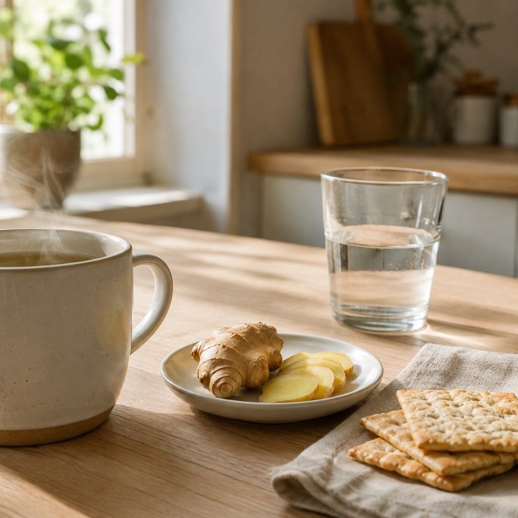 Ginger tea, sliced ginger and plain crackers on a kitchen table for first trimester nausea