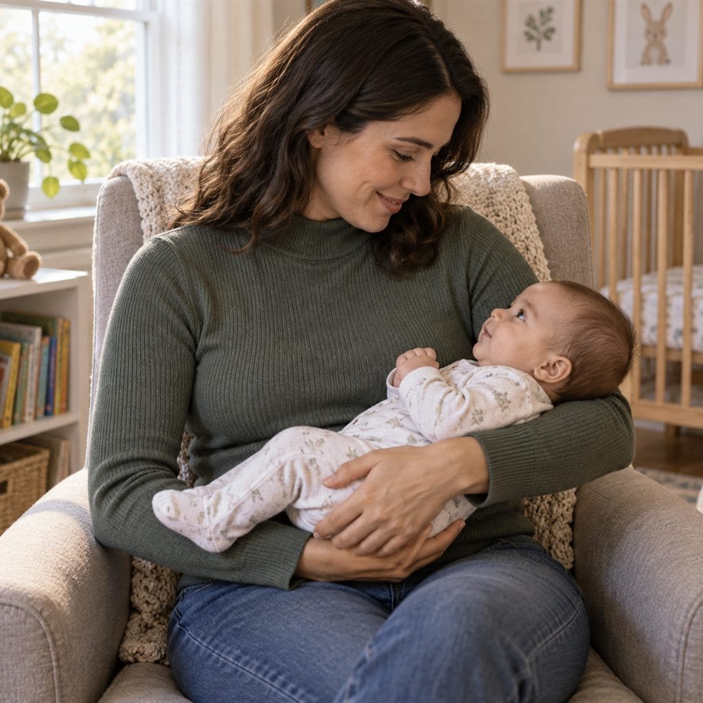 Breastfeeding positions: parent supporting an infant in the cradle hold with the baby's body aligned.
