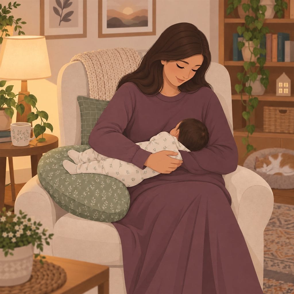 Breastfeeding positions football hold: infant supported beneath the caregiver's arm on a cushion.