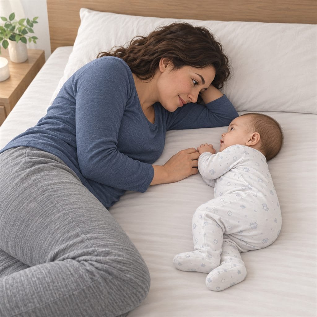 Breastfeeding positions side-lying hold with an awake parent facing the fully supported infant.