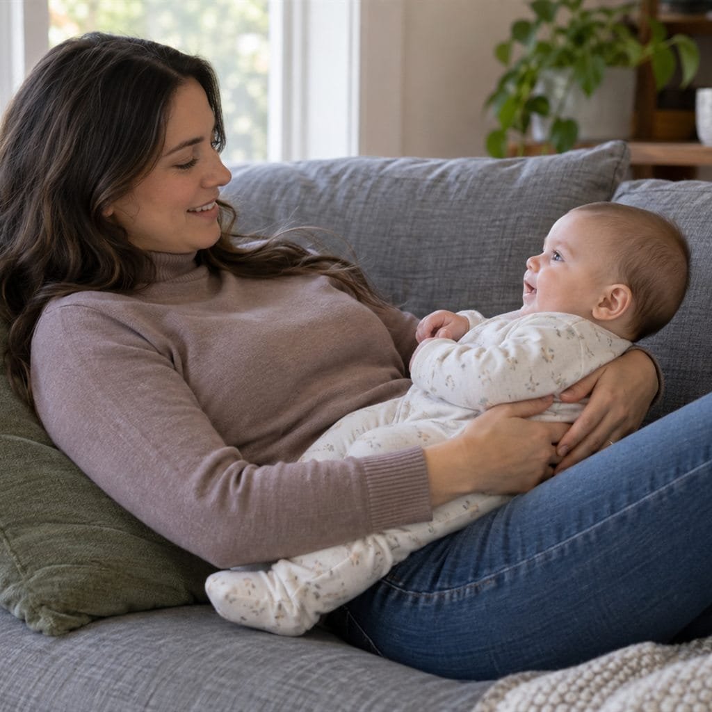 Breastfeeding positions laid-back hold: awake parent reclining with baby securely supported.