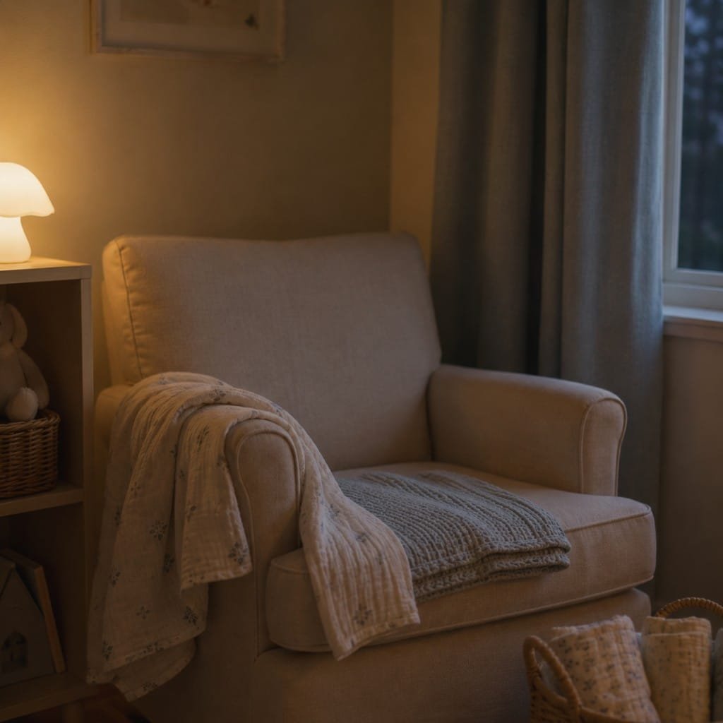 A nursing chair with a muslin cloth and a basket of swaddles in a nursery