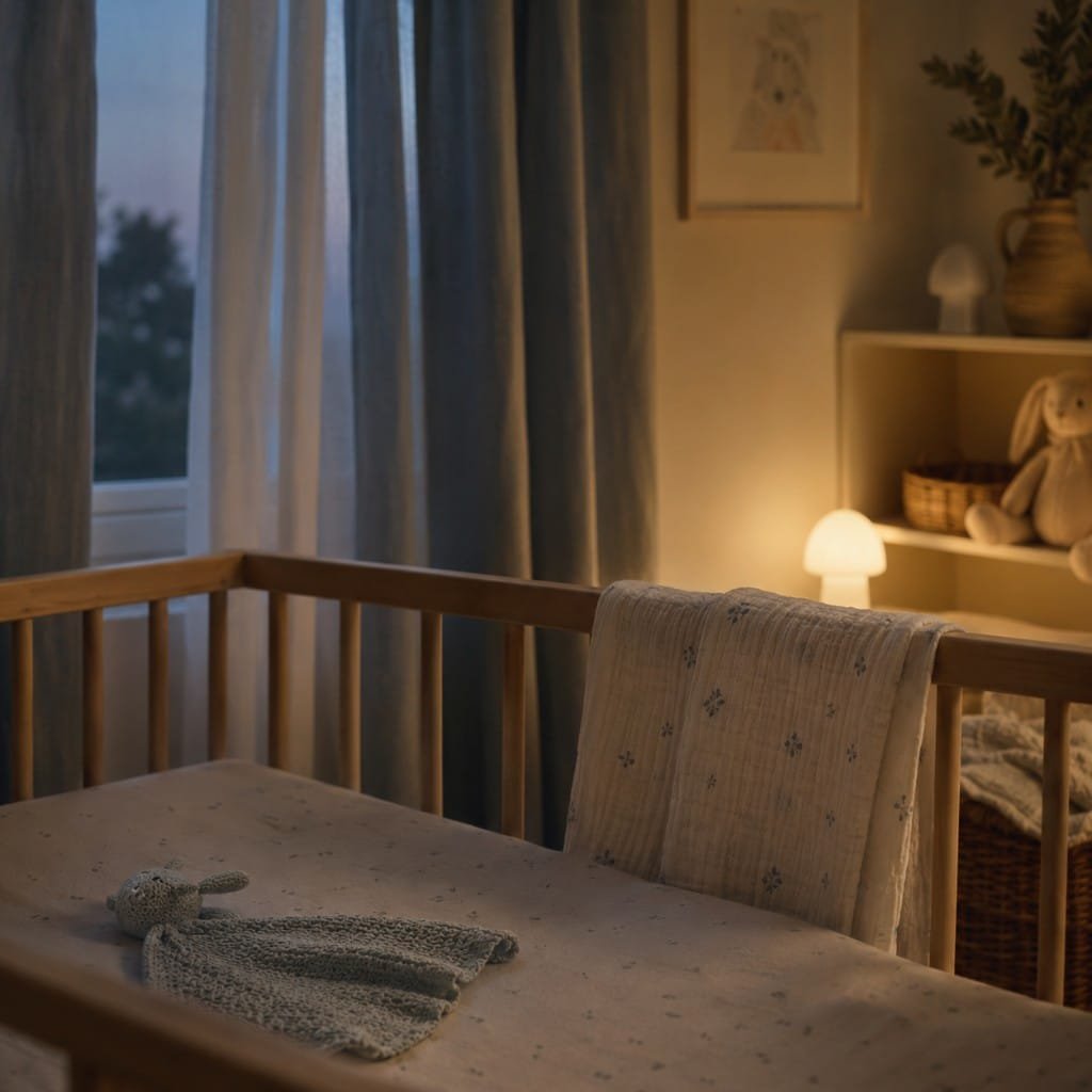An empty cot with a folded swaddle blanket in a softly lit nursery at dusk