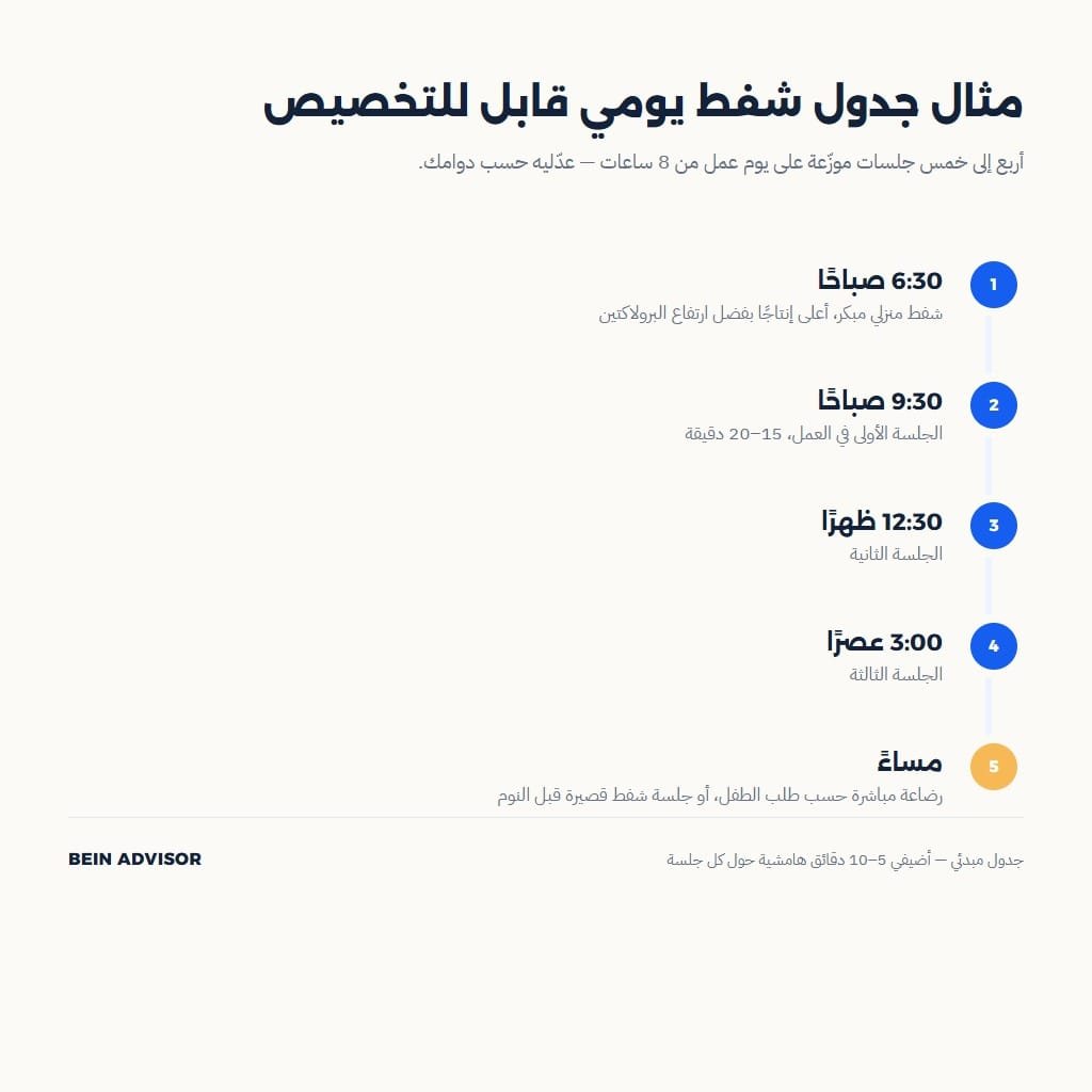 إنفوجرافيك لجدول شفط حليب الأم اليومي النموذجي بخمس جلسات