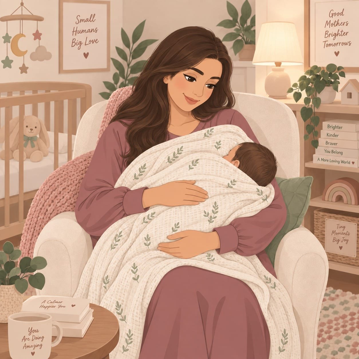 أم ترضع طفلها بوضعية الاحتضان (Cradle Hold) إحدى أوضاع الرضاعة الطبيعية