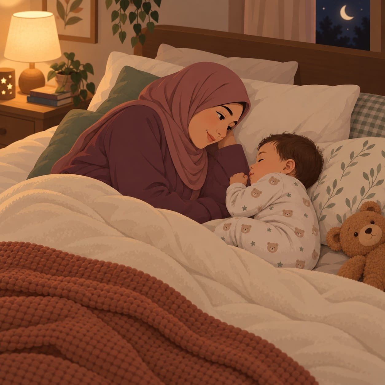أم وطفلها مستلقيان على الجانب متقابلين أثناء الرضاعة الليلية وضعية الاستلقاء الجانبي