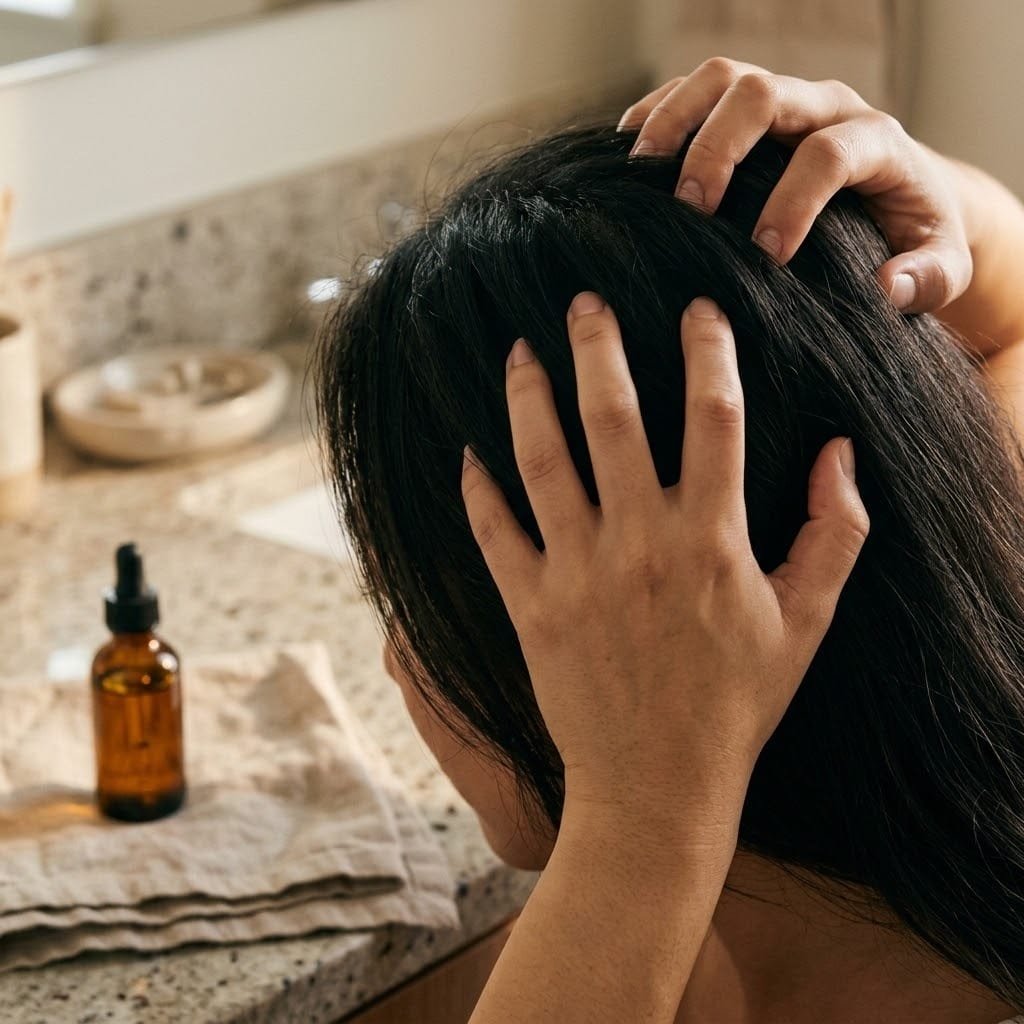 تدليك فروة الرأس بالزيت لتحفيز الدورة الدموية والحد من تساقط الشعر الموسمي