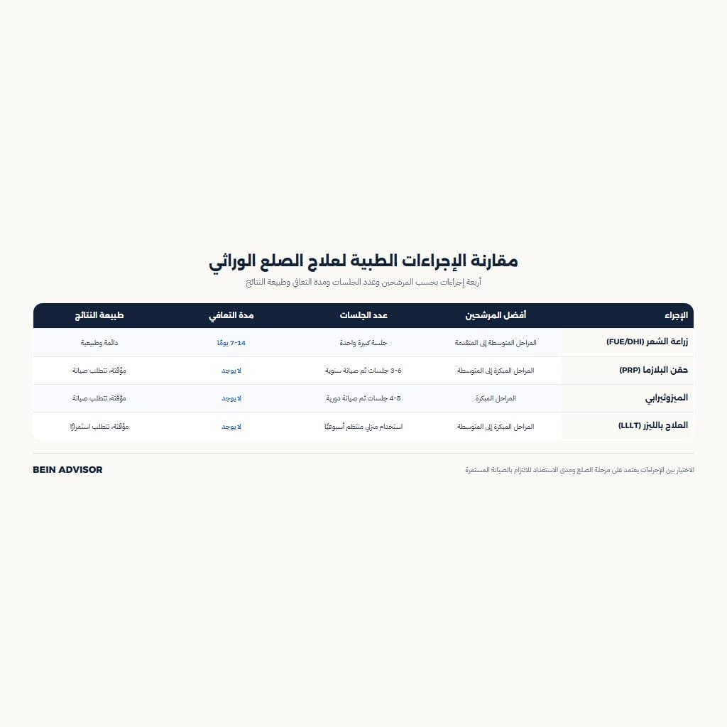إنفوجرافيك يقارن أربعة إجراءات طبية لعلاج الصلع الوراثي