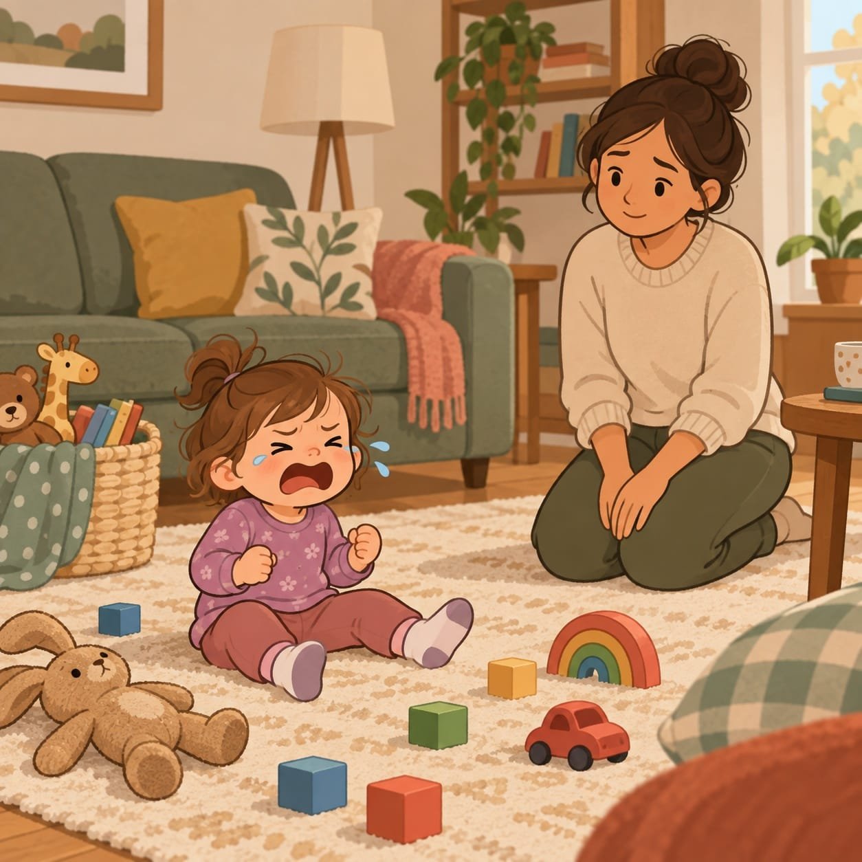 طفلة تمر بنوبة غضب على الأرض بينما يجلس أحد الوالدين بجانبها بهدوء دون صراخ
