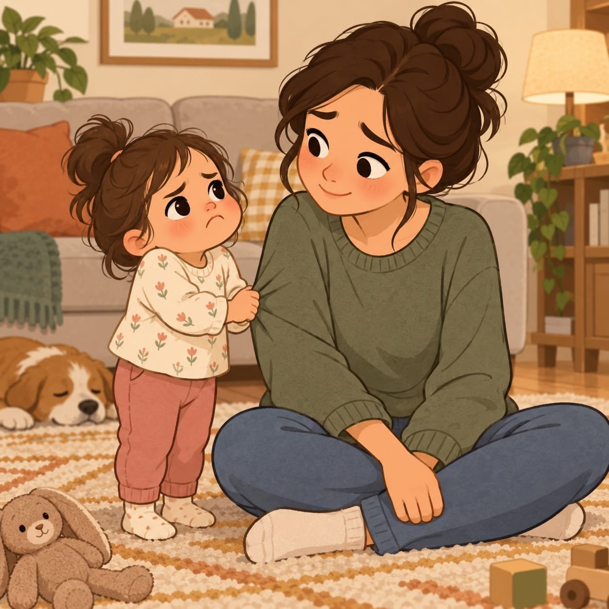 طفلة تتذمر وتشد كم أمها بينما تستمع إليها بصبر أسلوب التربية الإيجابية مع التذمر