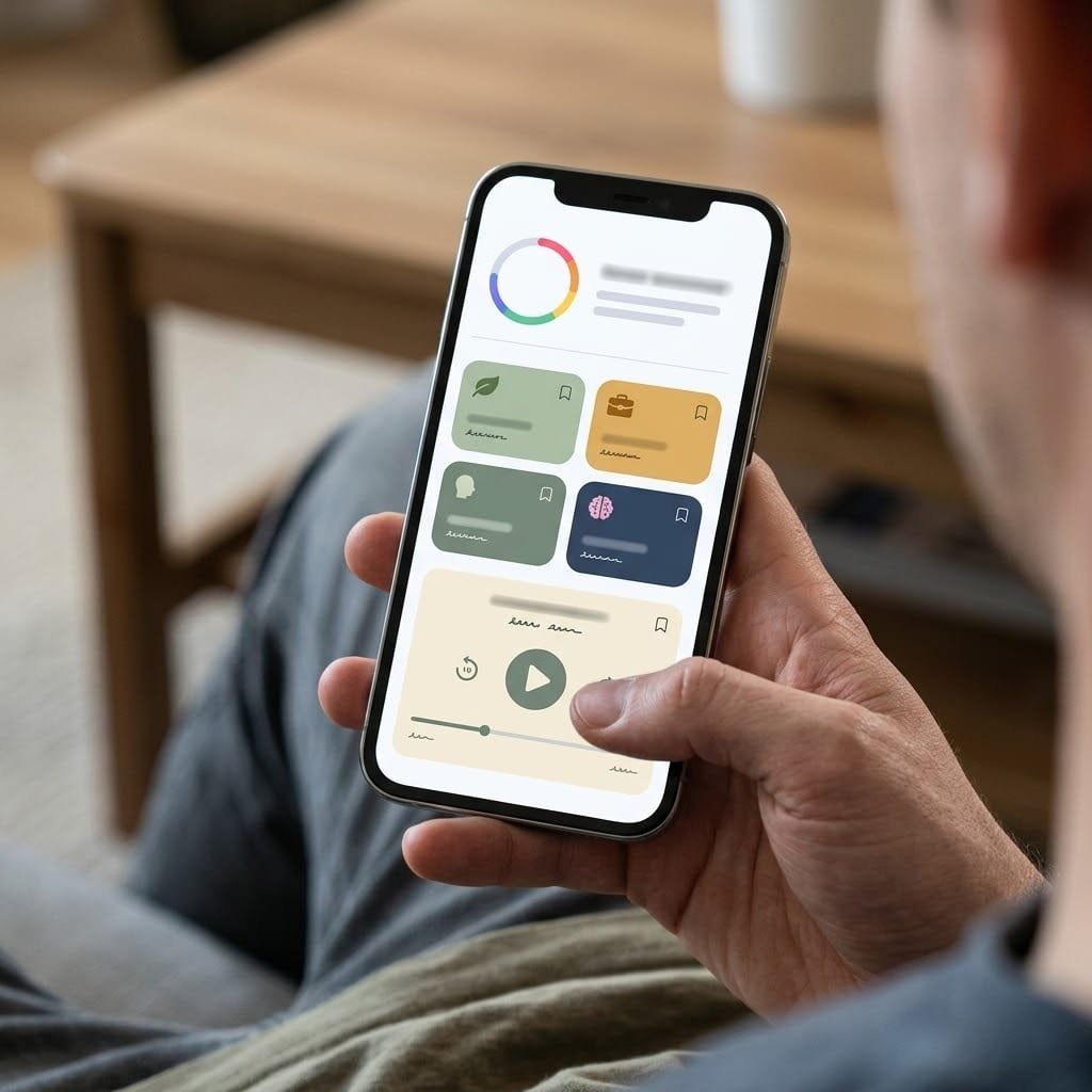 شاشة تطبيق ملخصات كتب أصلي لنظام iOS بواجهة تصنيفات وملخص صوتي