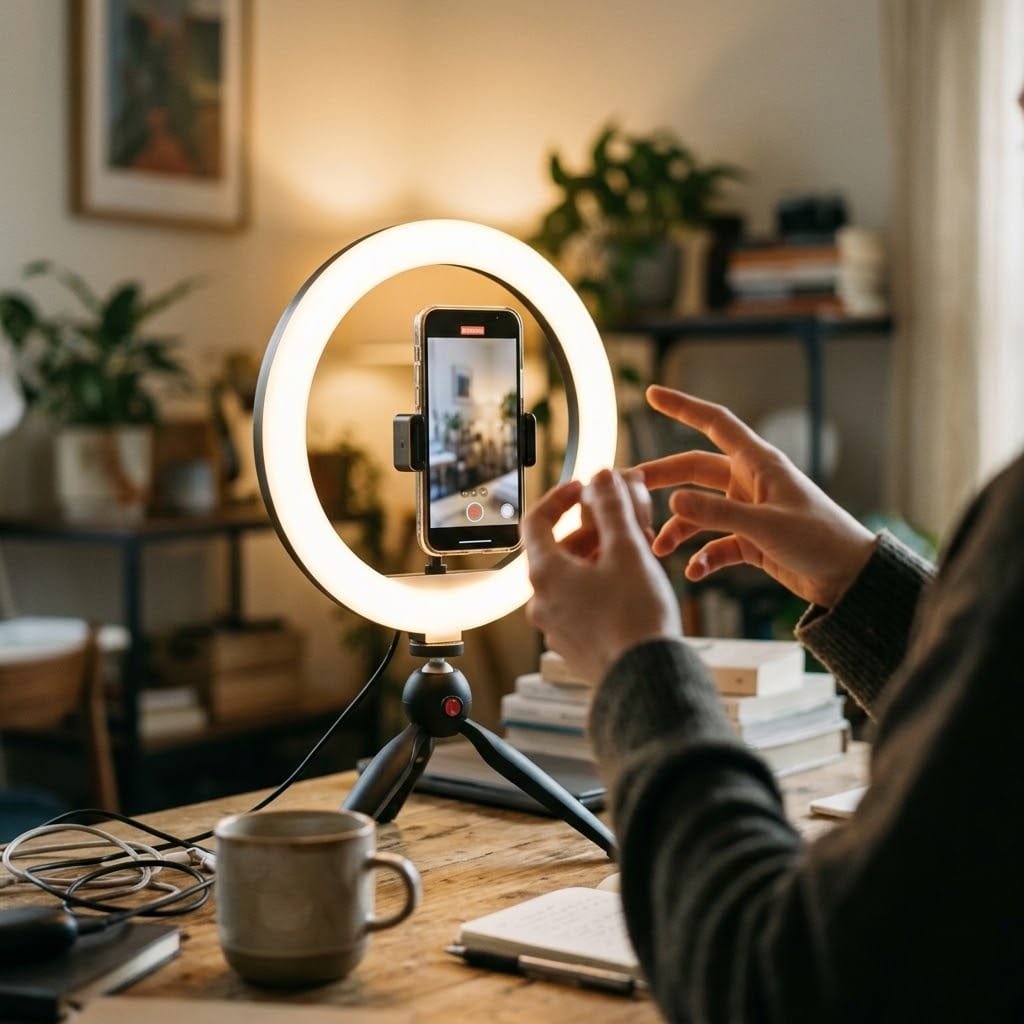 صانع محتوى يصور فيديو مراجعة لتطبيق ملخصات كتب