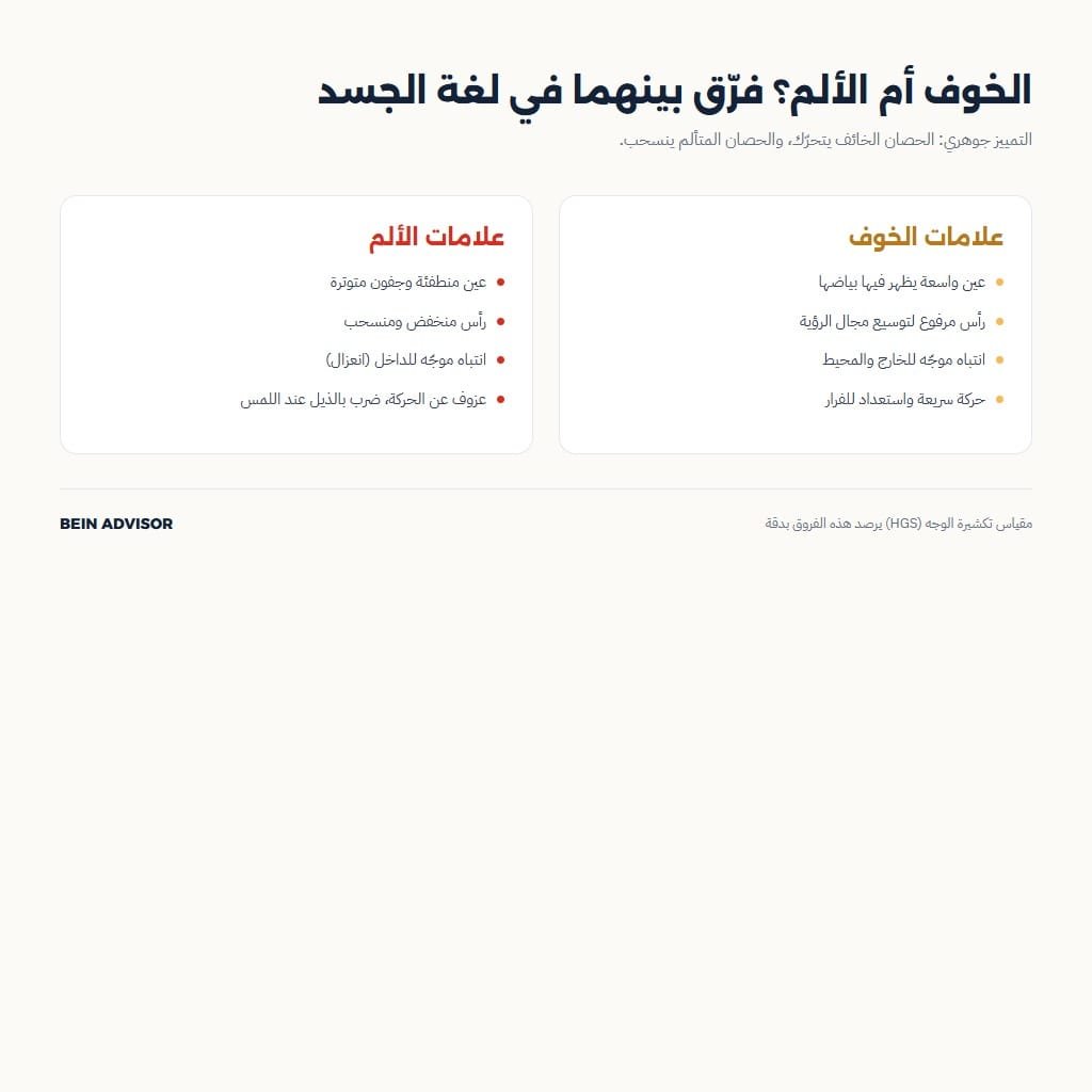 إنفوجرافيك يقارن علامات الخوف وعلامات الألم في لغة الجسد عند الخيل
