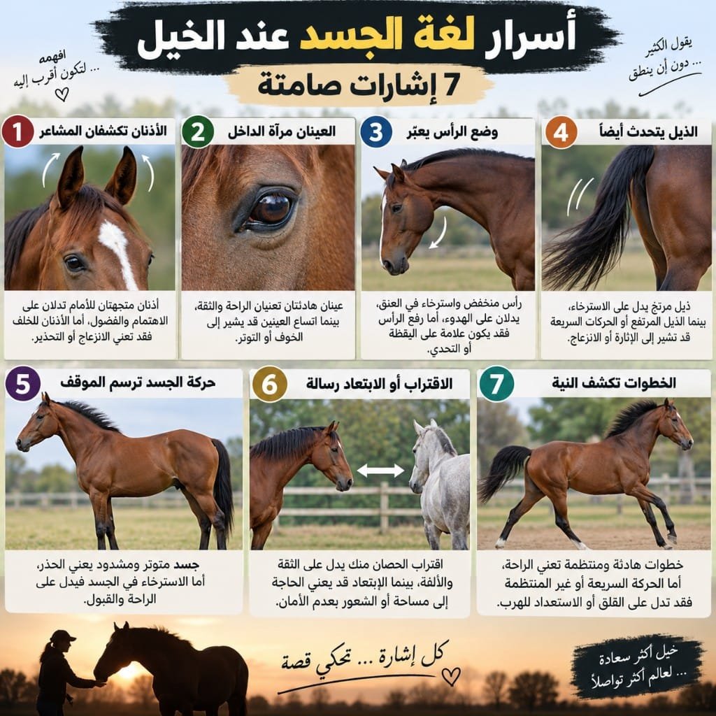 إنفوجرافيك شامل لسبع إشارات في لغة الجسد عند الخيل: الأذنان والعينان والرأس والذيل