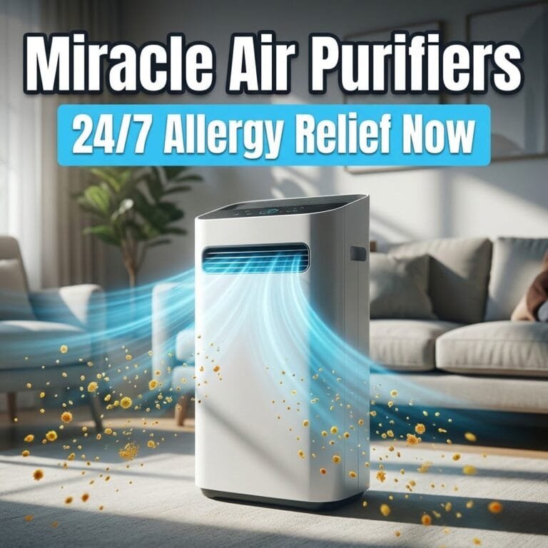 Air purifiers for allergy relief: a white air purifier releasing clean airflow as pollen particles scatter