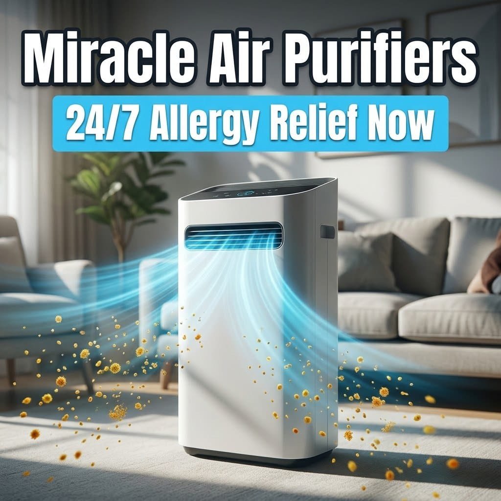 Air purifiers for allergy relief: a white air purifier releasing clean airflow as pollen particles scatter