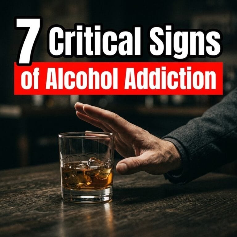 Signs of alcohol addiction: a hand pushing away a glass of whiskey on a dark bar counter