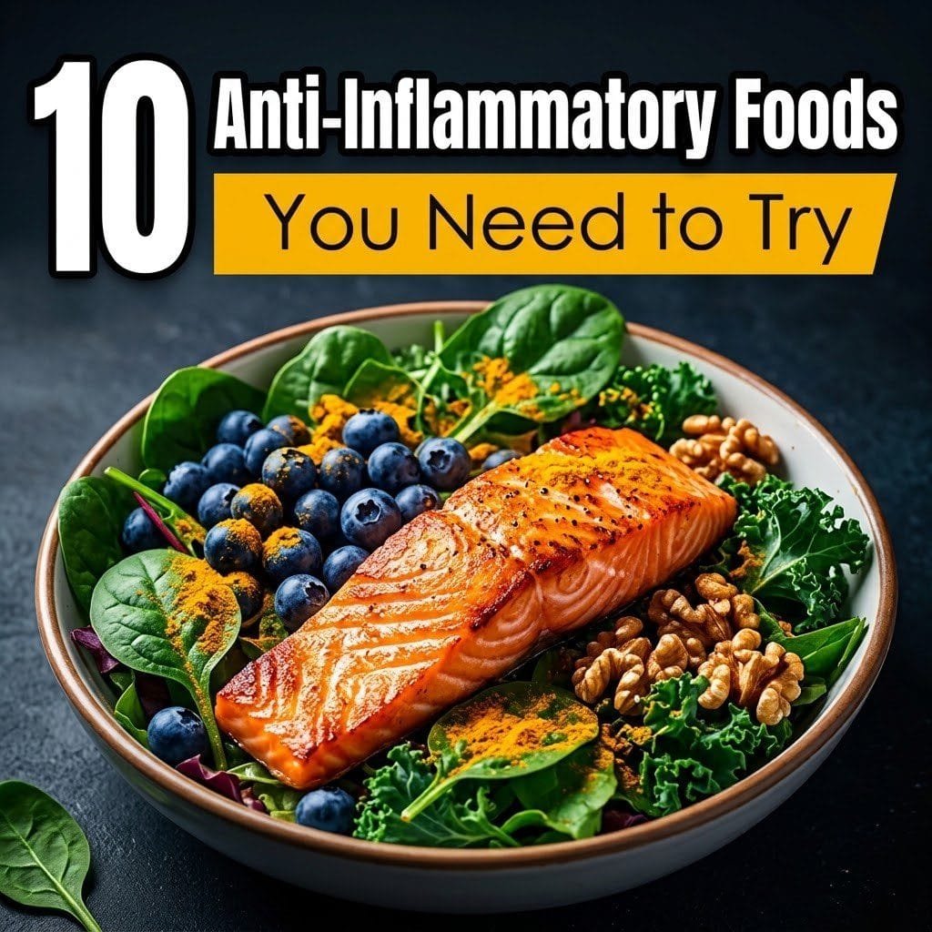 Anti-inflammatory foods: a bowl of salmon, blueberries, leafy greens, walnuts and turmeric