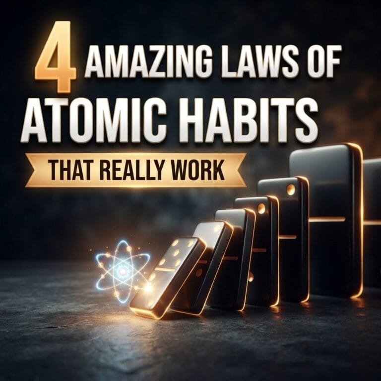 Laws of atomic habits: a tiny glowing atom tipping a line of dominoes that grow from small to giant