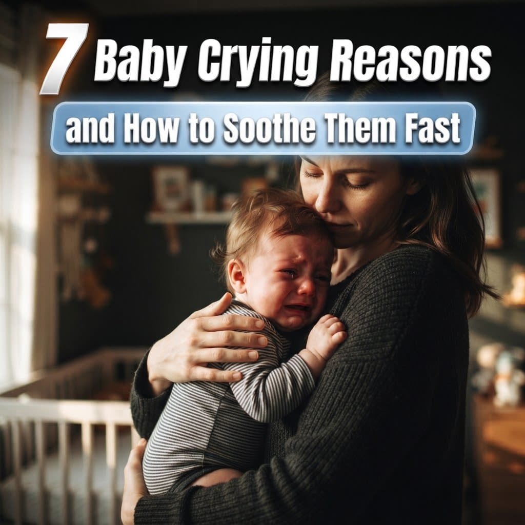 Baby crying reasons: a mother gently holding and soothing her crying baby in a dim nursery