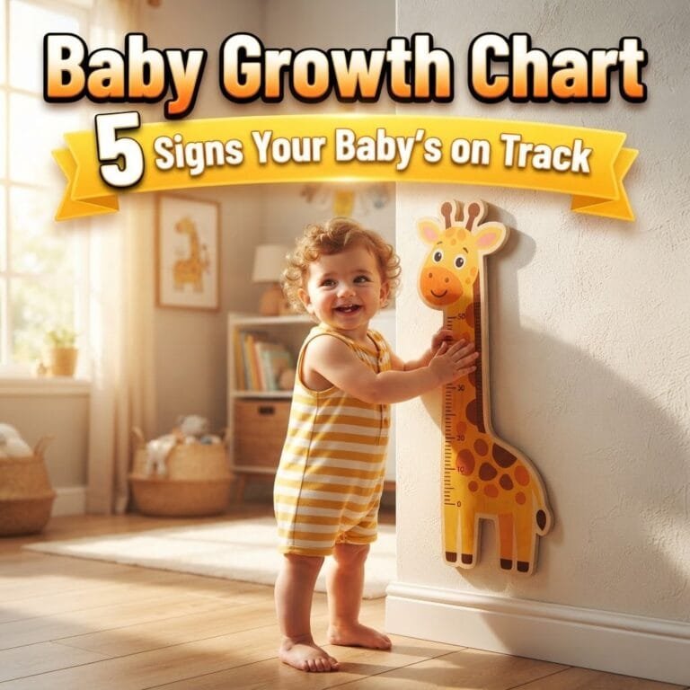 Baby growth chart: a smiling toddler standing beside a giraffe wall growth chart in a sunny nursery