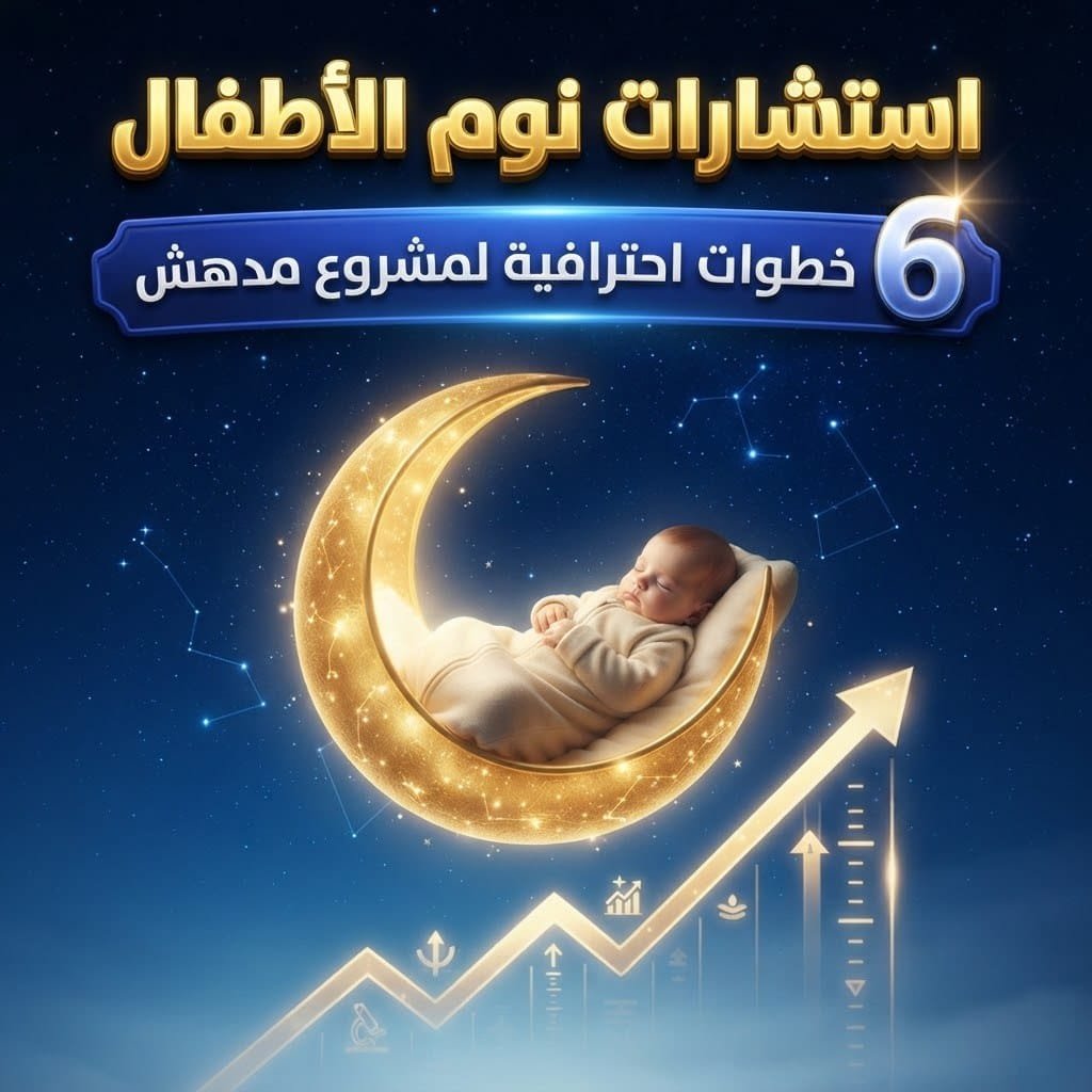 استشارات نوم الأطفال: رضيع نائم على هلال ذهبي فوق سهم نمو يرمز لمشروع مربح