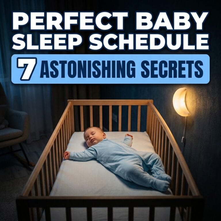 Baby sleep schedule: a baby sleeping on its back in a bare crib under a soft moon night light