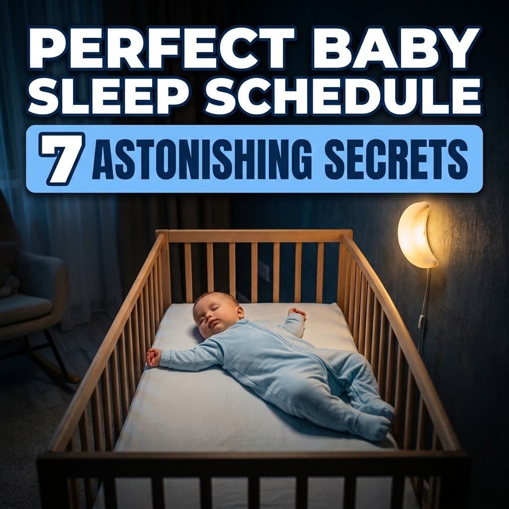Baby sleep schedule: a baby sleeping on its back in a bare crib under a soft moon night light