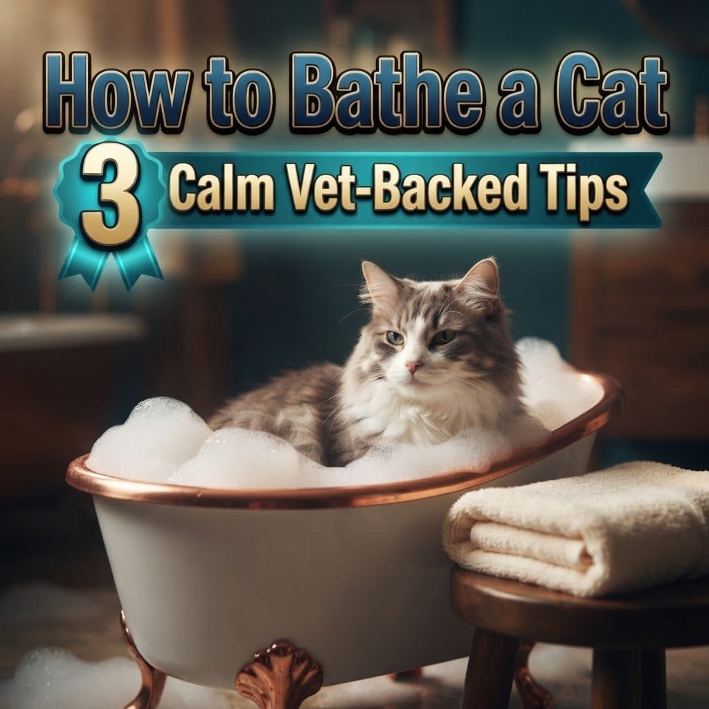 How to bathe a cat: a calm cat relaxing in a foamy clawfoot tub beside a folded towel
