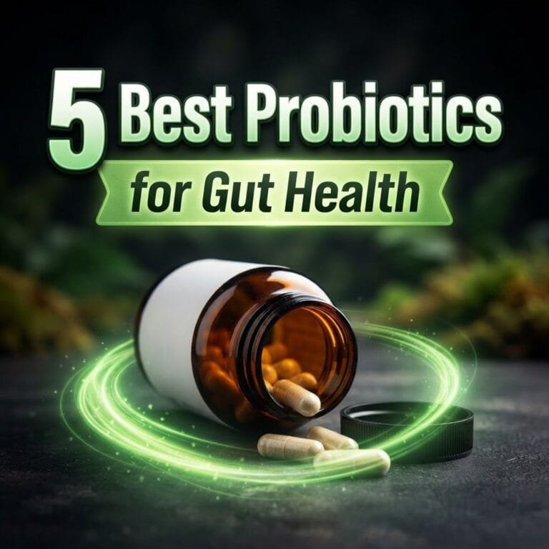 Best probiotics for gut health: a probiotic bottle with capsules spilling out inside a glowing green swirl