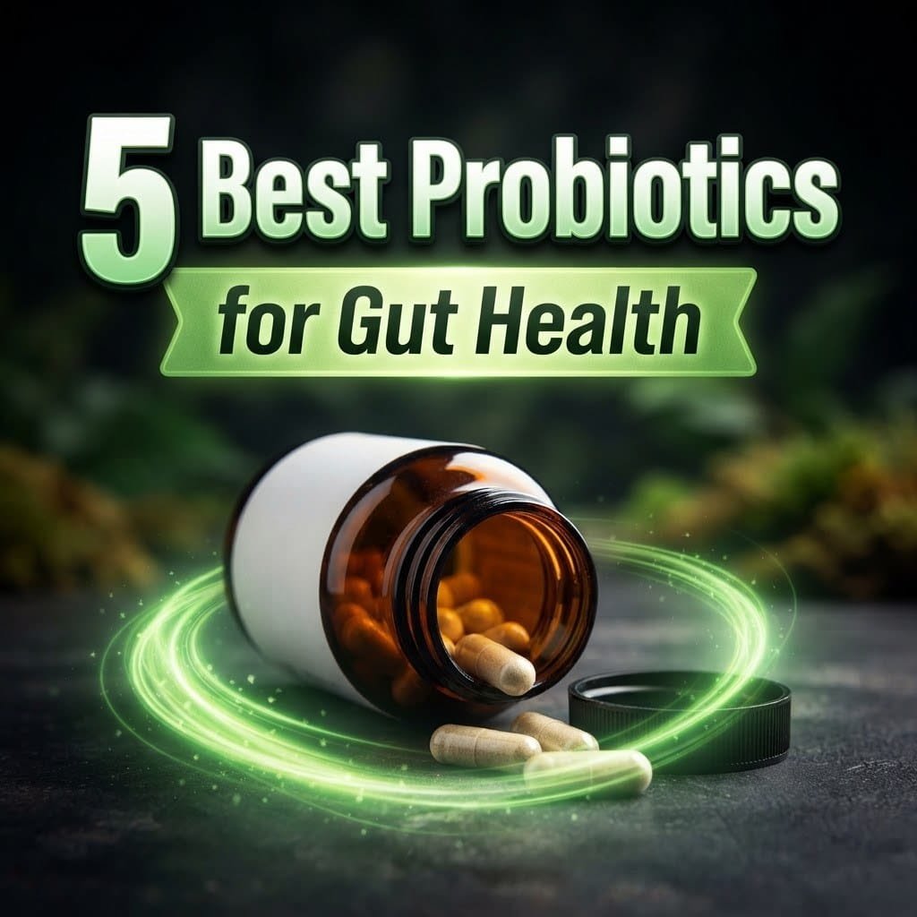 Best probiotics for gut health: a probiotic bottle with capsules spilling out inside a glowing green swirl