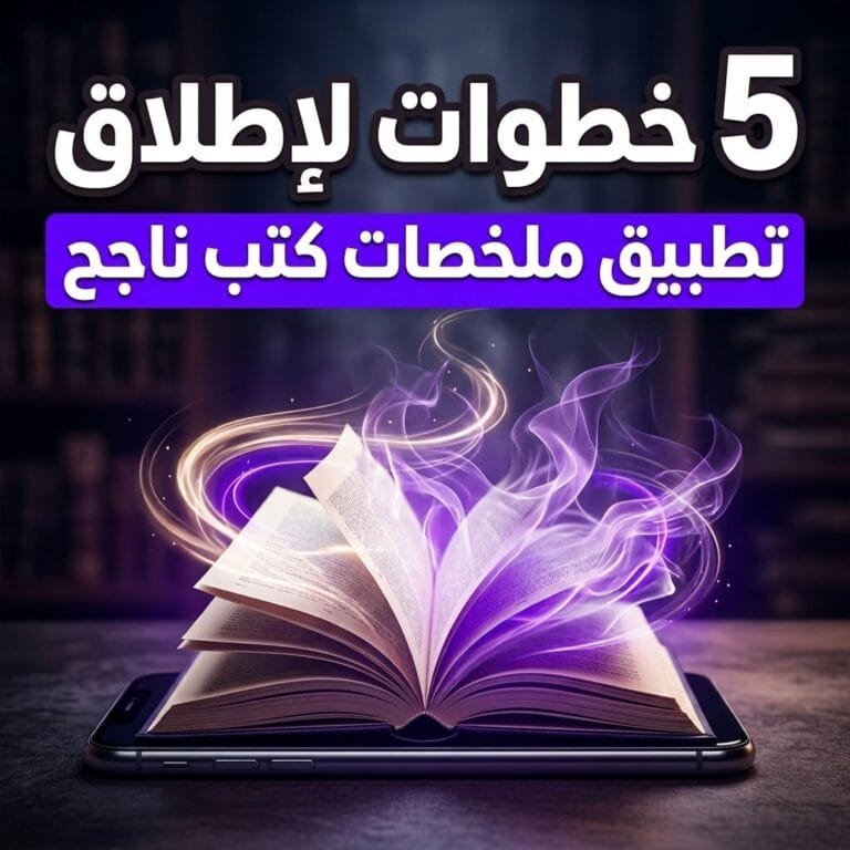 خطوات إطلاق تطبيق ملخصات كتب: كتاب مفتوح يخرج من شاشة هاتف ذكي وحوله ضوء بنفسجي