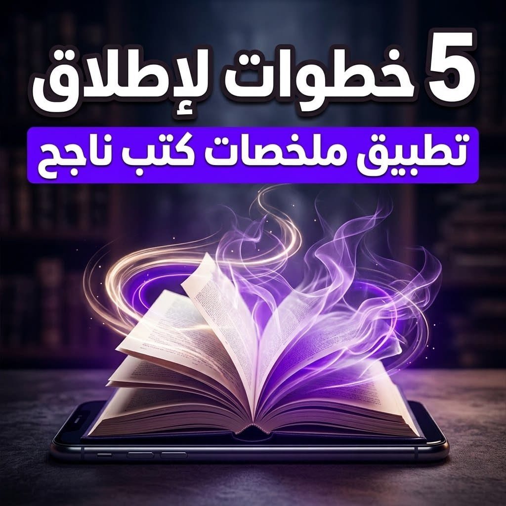 خطوات إطلاق تطبيق ملخصات كتب: كتاب مفتوح يخرج من شاشة هاتف ذكي وحوله ضوء بنفسجي