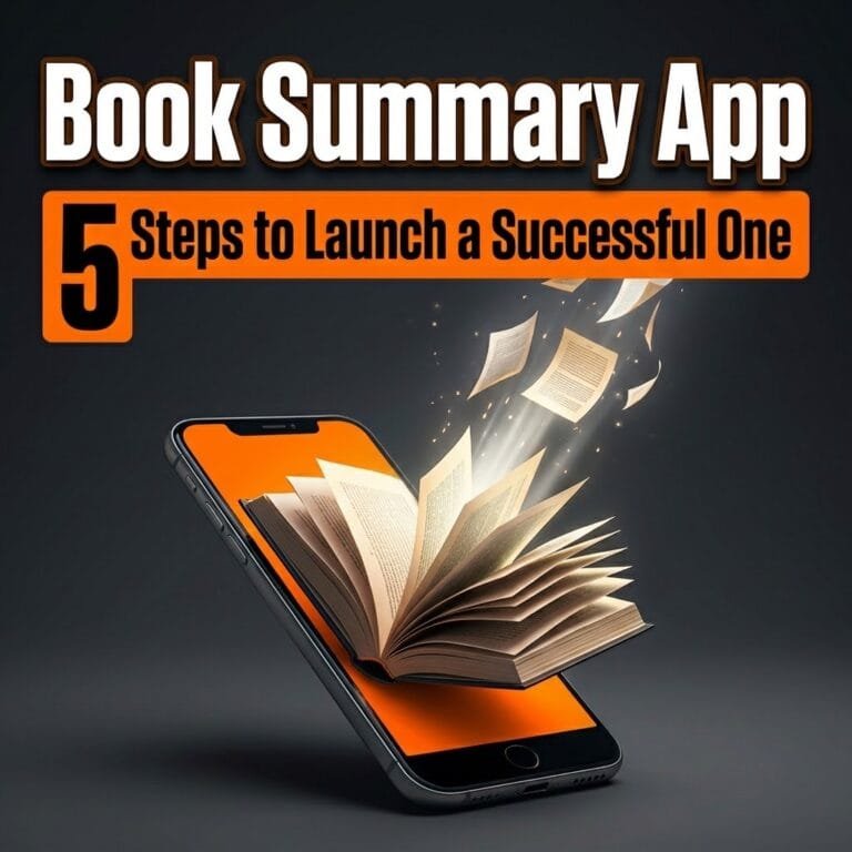 Book summary app launch steps: an open book rising from a smartphone screen with pages flying upward
