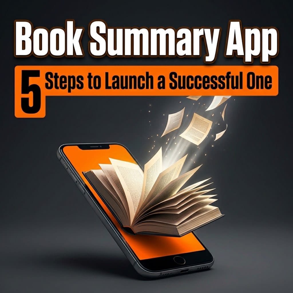 Book summary app launch steps: an open book rising from a smartphone screen with pages flying upward