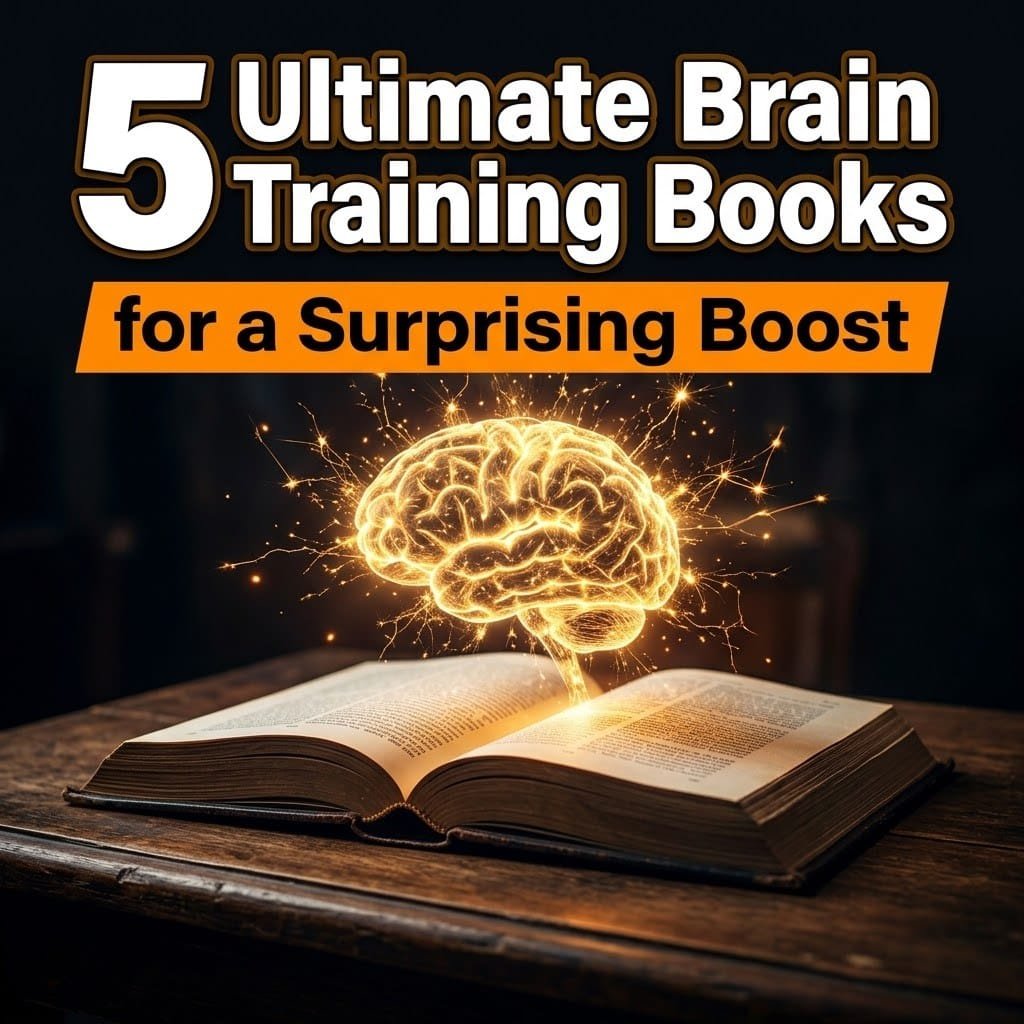Brain training books: an open book with a glowing brain rising from its pages